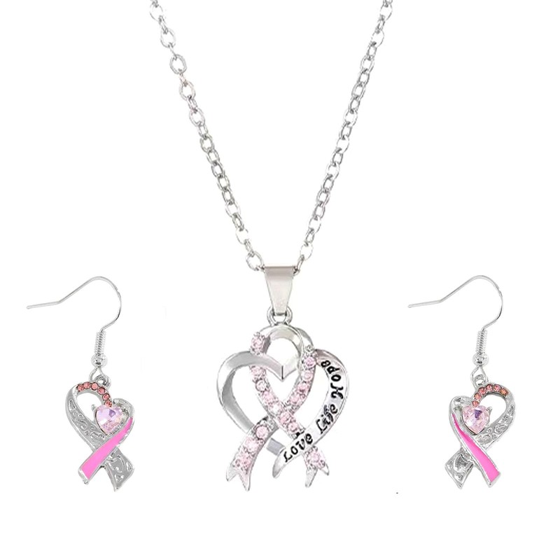 Juego de joyas de corazón con cinta de conciencia rosa