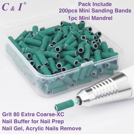 C & I Nail Drill Bit Set Small Sanding Bands 200pcs & Slim Mandrel 1pc Acrylic Gel Nail File Fake Nails Shaping Cuticle Care Nail Prep Efile Nail Supplies for Nail Techs (80 Extra Coarse-XC,Green)