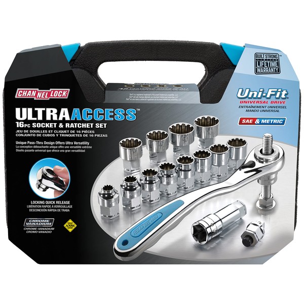 Channellock 39100 Ultra Access Socket Set, 16 Piece, Chrome/Nickel