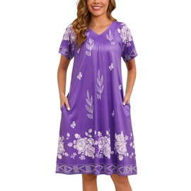 Marvmys Old Lady House Dress with Pockets Printed Muu Muu Dress V Neck Short Sleeve Lounge Dress Purple Floral XL
