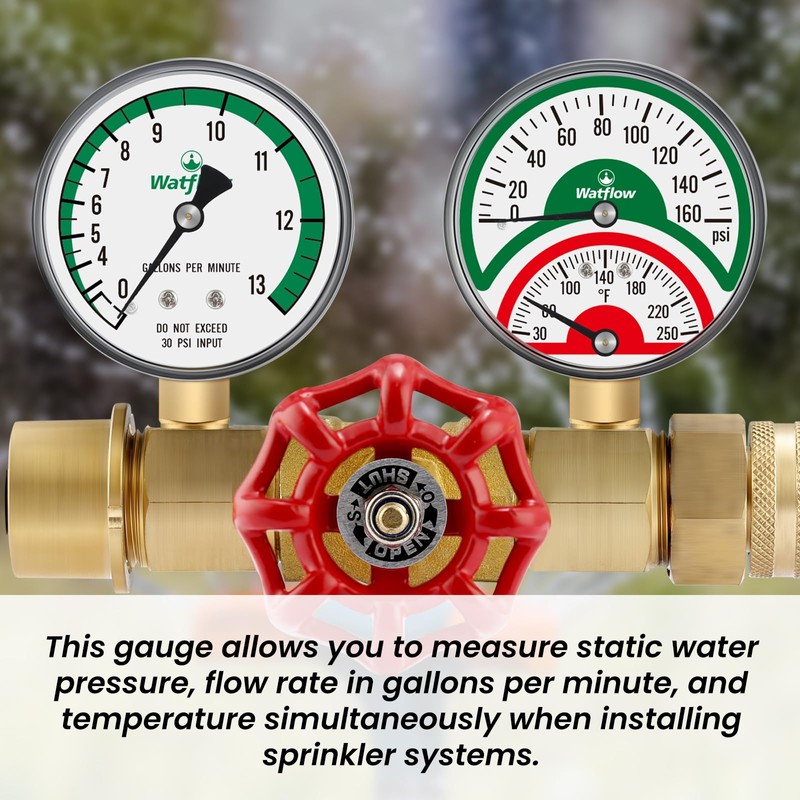 Watflow Water Flow Gauge, Temperature and Pressure Test Assembly, 0-160psi,0-13