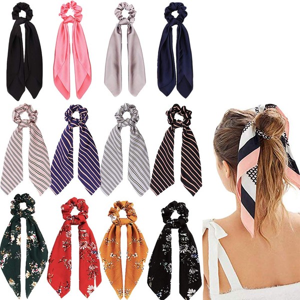 12 Pcs Bandana Hair Scarf Scrunchies, Silk Satin Hair Scarf Scrunchies, Including 4 Solid Colors & 4 Stripe Printed & 4 Floral Printed Scarf Hair Ties (12 PCS B)