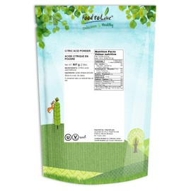 Food to Live Citric Acid Powder, 2 Pounds - Anhydrous, Fine Granules, Food Grade Lemon Salt, Great for Cheese Making, Household Cleaner and Preservative, Good for Bath Bombs, Kosher, Sour Salt in Bulk