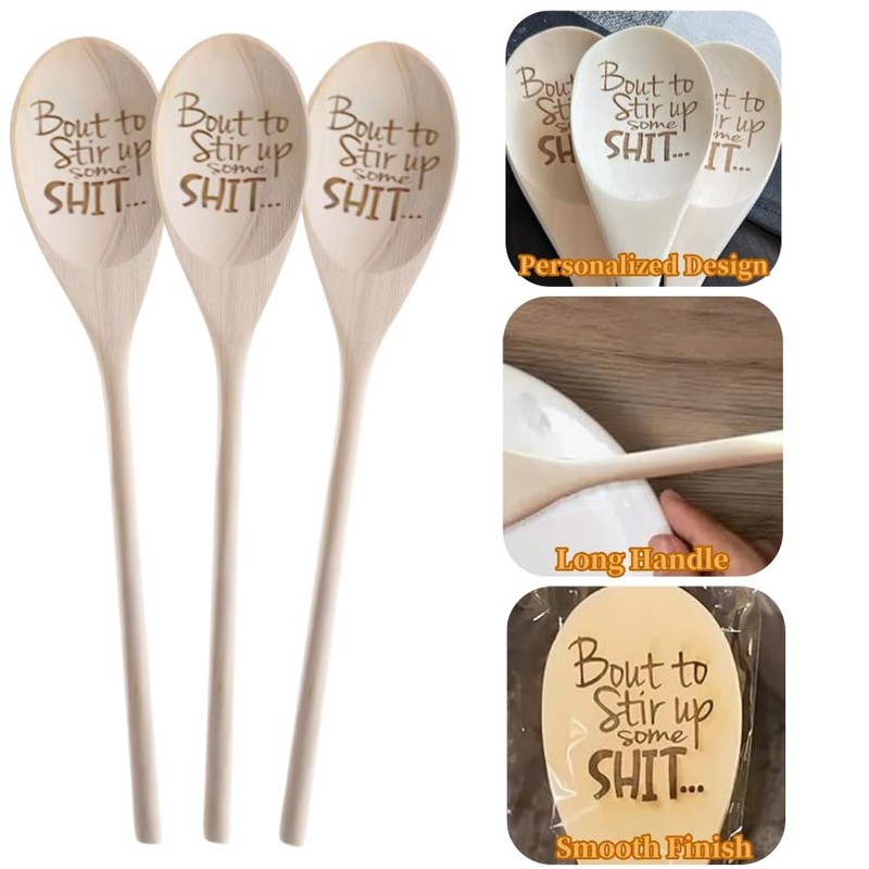 Funny Wooden Spoons Set, Engraved Kitchen Utensils, 3-Piece Housewarming Gift