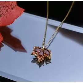 Unbranded Red Maple Leaf In Gold Necklace - Red Amber Zircons! Autumn Fall Show Stopper