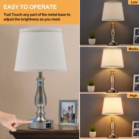 EJIAXIN Lamps for Bedrooms Set of 2, Brushed Nickel Bedside Lamps with USB C+A Ports,Dimmable Nightstand Lamps with Fabric Lampshade, Touch Table Lamp for Living Room Bedroom Office, Bulbs Included