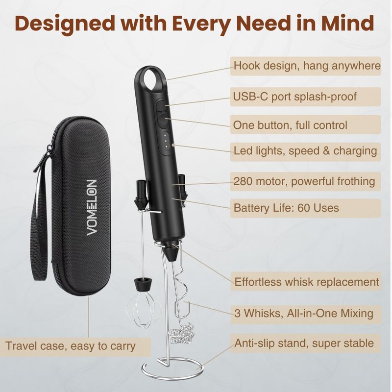 Rechargeable Milk Frother Handheld 3 Speed Coffee Foamer [3 Whisk]