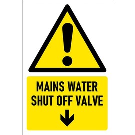 Mains water shut off valve, arrow pointing down, safety sign - 3mm Aluminium sign (200mm x 150mm)