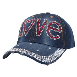 TSSGBL Vintage Washed Baseball Caps M,L,Unstructured Low Profile Adjustable Cotton Dad Hat for Men Women Bling Rhinestone-Denim Blue Love