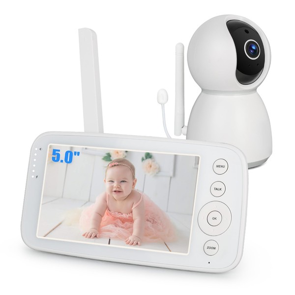 Hakaug Baby Monitor 5.0" 720P Display 2X Digtal Zoom 1080P Camera Pan 360 ° Tilt 90° FHSS Transmission Two-way Audio Infrared Night Vision (White)