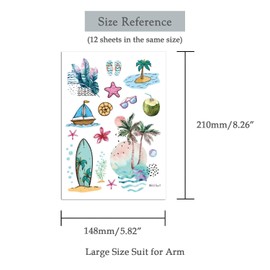 Oottati 12 Sheets Waterproof Summer 100+ Design Watercolor Swimming Cocktail Bird Painting Animal Flowers Coconut Tree Surfing Board Leaves Small Fake Temporary Tattoo Stickers