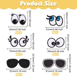 FINGERINSPIRE Pack of 36 6Style Iron-On Eye Patches, 60 - 81 mm, Fabric, White, Black, Iron-On Sewing Appliqué, Stickers, Cute Eyes, Sunglasses, Embroidered Patches for Clothing, Repair, DIY