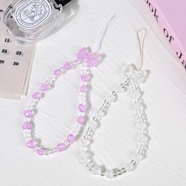 inewateri 2 Pack White & Purple Sparkling Bowknot Love Beaded Chain-Phone Lanyard Set, Multi-Purpose Cellphone Bag Key Accessory, Aesthetic Wrist Strap for Women Girls - Sparkle