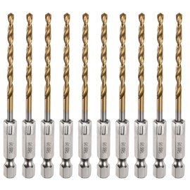 sourcing map 10pcs 1/8" Hex Shank Drill Bits 1/4" Titanium Drill Bits Set M35 High Speed Steel Twist Drill Bit 91mm Long Fully Ground for Wood, Stainless Steel, Metal, Plastic Plastic