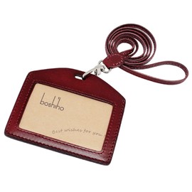 Boshiho ID Card Holder, Genuine Leather, Tochigi Leather, Horizontal Type, Name Holder with Back Pocket, Employee ID, Name Card Case, Commuter Pass/Pass Case, Stylish, Neck Holder, Neck Strap, Reel