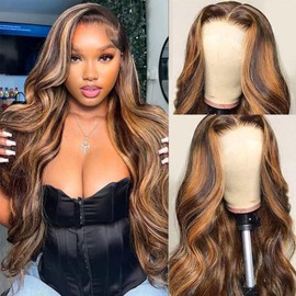4/27 Ombre Human Hair Wig For Black Women,13x4 Body Wave Highlight HD Lace Front Wigs Human Hair Pre Plucked With Baby Hair,Brazilian Honey Blonde Wig Human Hair Colored Wigs Human Hair 22 Inch
