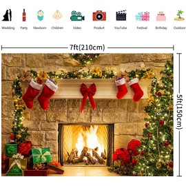 7x5FT Christmas Backdrop Christmas Photo Fireplace Vintage Xmas Tree Stockings Winter Photography Background Family Kids Portrait Photoshoot Christmas Party Decorations Banner Photo Booth Props