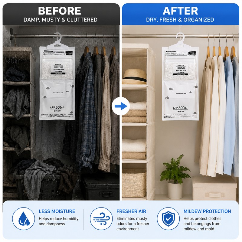 Hanging Moisture Absorber Bags for Closet Humidity Control – 5-Pack