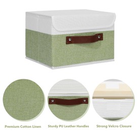ANMINY Storage Boxes with Lids Washable Decorative Storage Bins Basket with PU Leather Handle Foldable Linen Fabric Storage Cubes Containers for Home Closet Organizer - Green White, Small Size