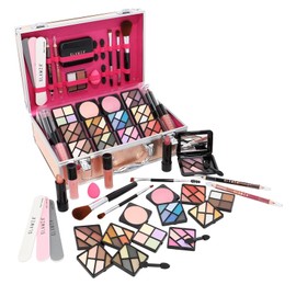 Glamza 84 Piece "Hot to Handle" Vegan Vanity Case - Full Aluminium Frame - Pink Lining - Premium Makeup Kit with Eyeshadows, Brushes, Lip Gloss & More