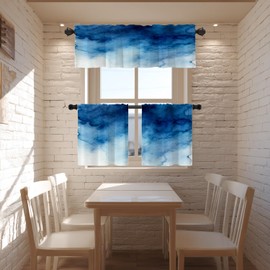 BaoNews Blue Grey Watercolor Ombre Blue Kitchen Valances for Windows, Blackout Valances Curtains Multilayer Polyester Drapes for Kitchen Bedroom 2 Pack 52X16 Inches