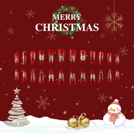 Christmas Press on Nails Medium Almond Fake Nails Red Full Cover False Nails With Gold Christmas Tree Snowflake Bow Designs Xmas Glue on Nails Acrylic Stick on Nails Winter Artificial Nails for Women