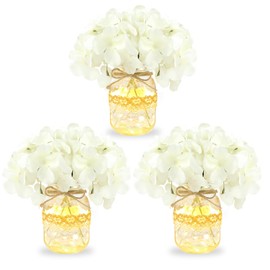 Mason Jar Table Centerpiece Set of 3 with White Hydrangea artificial Flowers for Engagement Party Bridal Shower Centerpieces Wedding Christmas Thanksgiving Party Reception Table Decor