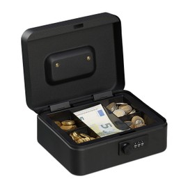 Relaxdays Cash Box, 3-Digit Number Combination, Coin Insert, Iron Money Box, Cash Box, HBT 8.5 x 20 x 17 cm, Black