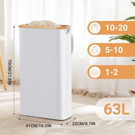 Slim Laundry Hamper with Lid by Fiona's magic, 63L Narrow Laundry Basket with Removable Bag, White Collapsible Dirty Clothes Basket, Thin Tall Storage Basket for Bathroom, Bedroom