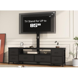 WODRAWER TV Stand with Mount, Entertainment Center for 32/55/65/75/85 inch TVs, Black Dresser with 6 Fabric Drawers Storage & Shelves