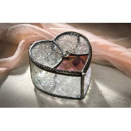 Glass Heart Keepsake Box with Pink Rose Decorative Jewelry Trinket Display Valentine's Day Mother's Day Gift - J Devlin Box 520