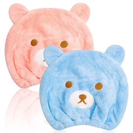 GLADFRESIT 2Pcs Ultra Absorbent Bath Caps, Cute Bear Hair Drying Wrap Towel for Kids, Velvet Quick Dry Head Towel Cap for Girls Shower Spa (Pink, Blue)