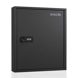 Uniclife Key Cabinet with 60 Keys and Combination Lock, Wall Mounted Key Organizer with Code, Black Digital Security Box with White Keyrings