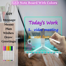 Acrylic LED Message Board with 7 Color Pen 7.95 * 7.83Inch Clear Illuminated Wordpad LED Drawing Board with Remote Control Dry Erase Board with Stand for Kids Home School Office Bedside Lamp