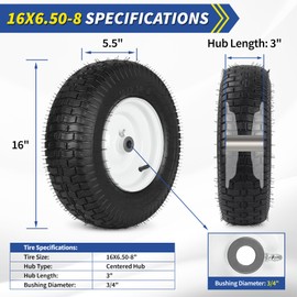 GICOOL GICOOL 16x6.50-8 Riding Lawn Mower Rubber Tire and Wheel, 2 Pcs Replacement 16x6.5-8nhs Garden Tractor Lawnmower Tyre, with 3/4" & 5/8" Bushing, 3"-4.5" Centered Hub