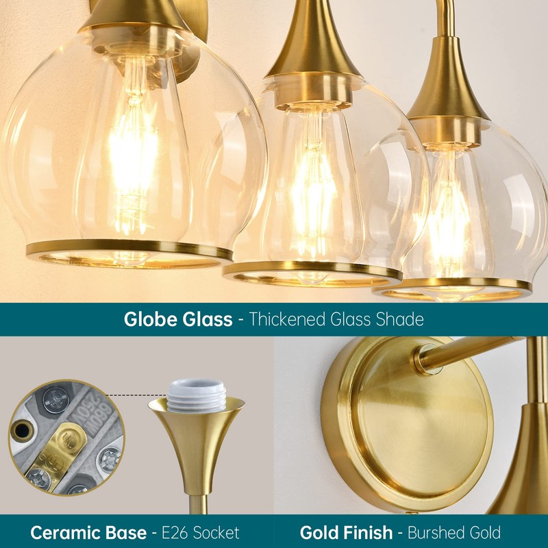 HAHZT Gold Bathroom Vanity Light 3-Lights Bathroom Light Fixtures Over
