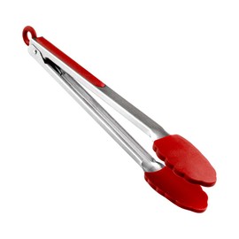 Restaurantware Met Lux 12 Inch Kitchen Tong 1 Durable Food Tong - Scalloped Silicone Head Grip Handle With Thumb Rest Red Stainless steel Tong For Cooking Dishwashable With Easy-Pull Lock