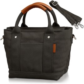 Encore Mini Tote Bag, Divider, High Visibility Leather Wrapped Handle, Canvas Tote Bag, Women's, Men's, 2-Way, Freestanding, Lightweight, Small Zipper, Canvas Shoulder Bag (Black, S)