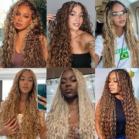 Kachanaa 18 Inch Deep Wave Crochet Hair for Boho Box Braids 2 Bundles Honey Brown 20% Mixed Deep Wave Human Hair for Braiding Goddess Braids /30#