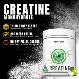 Ekkovision Creatine Monohydrate Powder, Micronized, Green Apple, Pre Workout & Post Workout Supplement for Men and Women, Energy Support, Easy to Mix in Shakes, Smoothies & Beverages, 100 Servings