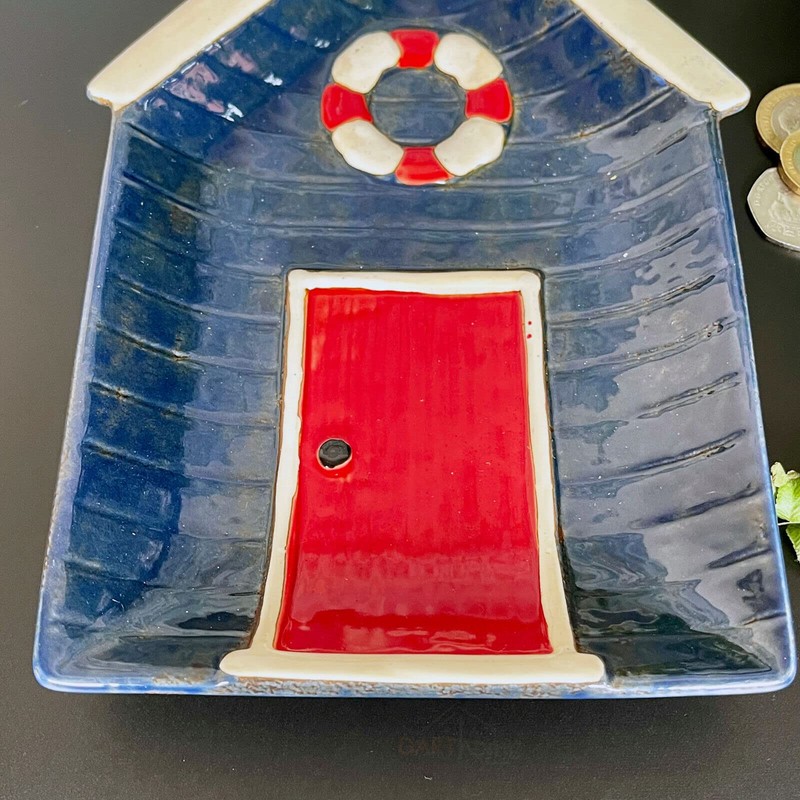Darthome Ceramic Blue Beach Hut Plate Decorative Trinket Dish Display
