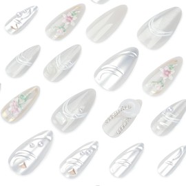 24 Pcs Spring Press on Nails Short Almond,YEFIUO French Nail Tips Fake Nails Press ons Acrylic Nail Kit Cool 3D Jade Charms Flower Chrome Design Nail Art Glue on Nails Full Cover False Nails for Women