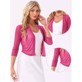 Allegra K Sheer Mesh Bolero Shrugs for Women's Elegant 3/4 Sleeve Lightweight Cropped Cardigan Medium Fuchsia