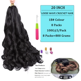 8 Packs French Curly Braiding Hair 20 Inch 100g/Pack Black French Curl Braiding Hair Bouncy Spanish Curly Crochet Braiding Hair Loose Wavy Synthetic Braiding Hair Extensions for Women (20Inch, 1B)