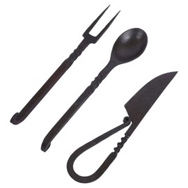 Viking Traders Hand-Forged Blacksmith Medieval Dining Hall Eating/Feasting Utensils set of 3 Piece Functional Fork Knife and Spoon Medieval Eating Set, with genuine leather pouch for easy carrying.
