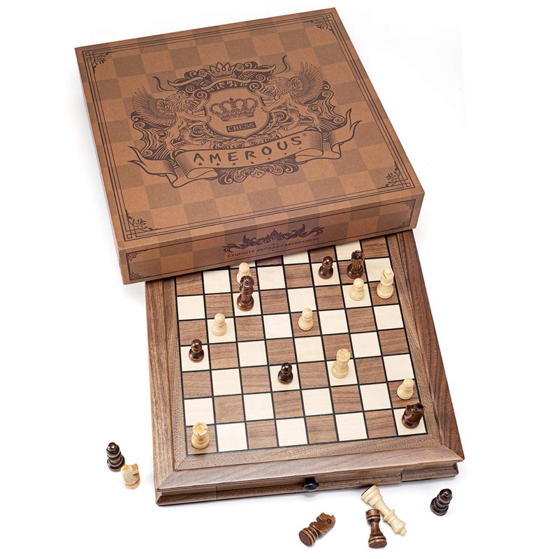 AMEROUS Magnetic Wooden Chess Set, 12.8" x 12.8" Walnut Chess