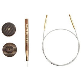 Lantern Moon Interchangeable Knitting Needle Cables – 2 x 16 Fixed Cords – 2 Wooden End Caps & 1 Tightening Tool – Nylon Coated Stainless Steel, Silver & Brass, 16” 40cm