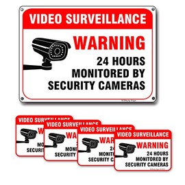 Video Surveillance Sign 24 Hour CCTV Security 10 X 7 Inch 40 Mil Aluminum Sign and 22.5x3.5 Inch Sticker 1+4 Pack UV Protected Laminated