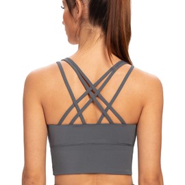AGONVIN Women's Longline Strappy Padded Medium Support Training Top Sports Bra, Iron grey