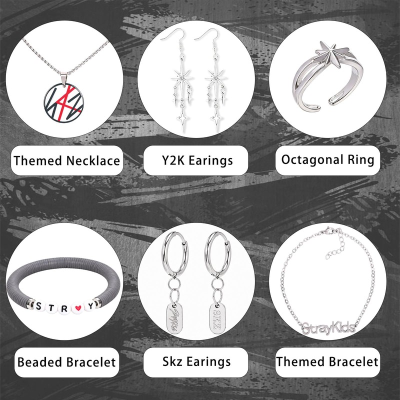 12 Pcs Skz Jewelry Set, Compass Star Necklace, Rings, Bracelets,